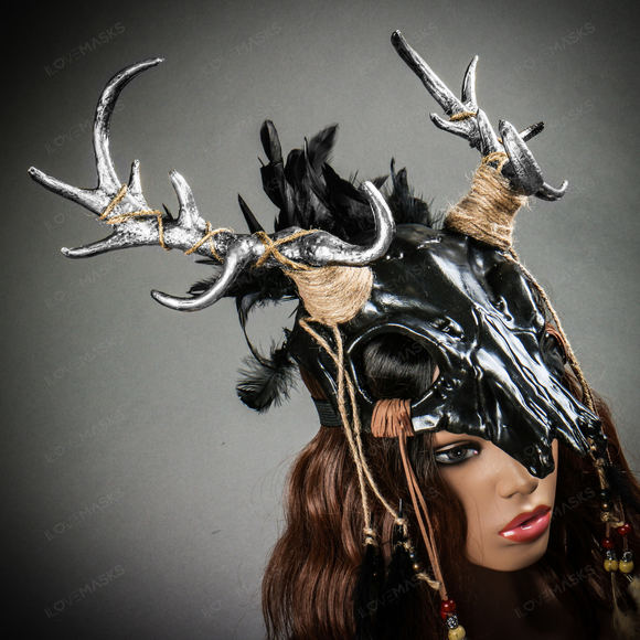 Antelope Devil Silver Deer Horn Skull Ghost Masquerade Mask - Black - Picture 9 of 9